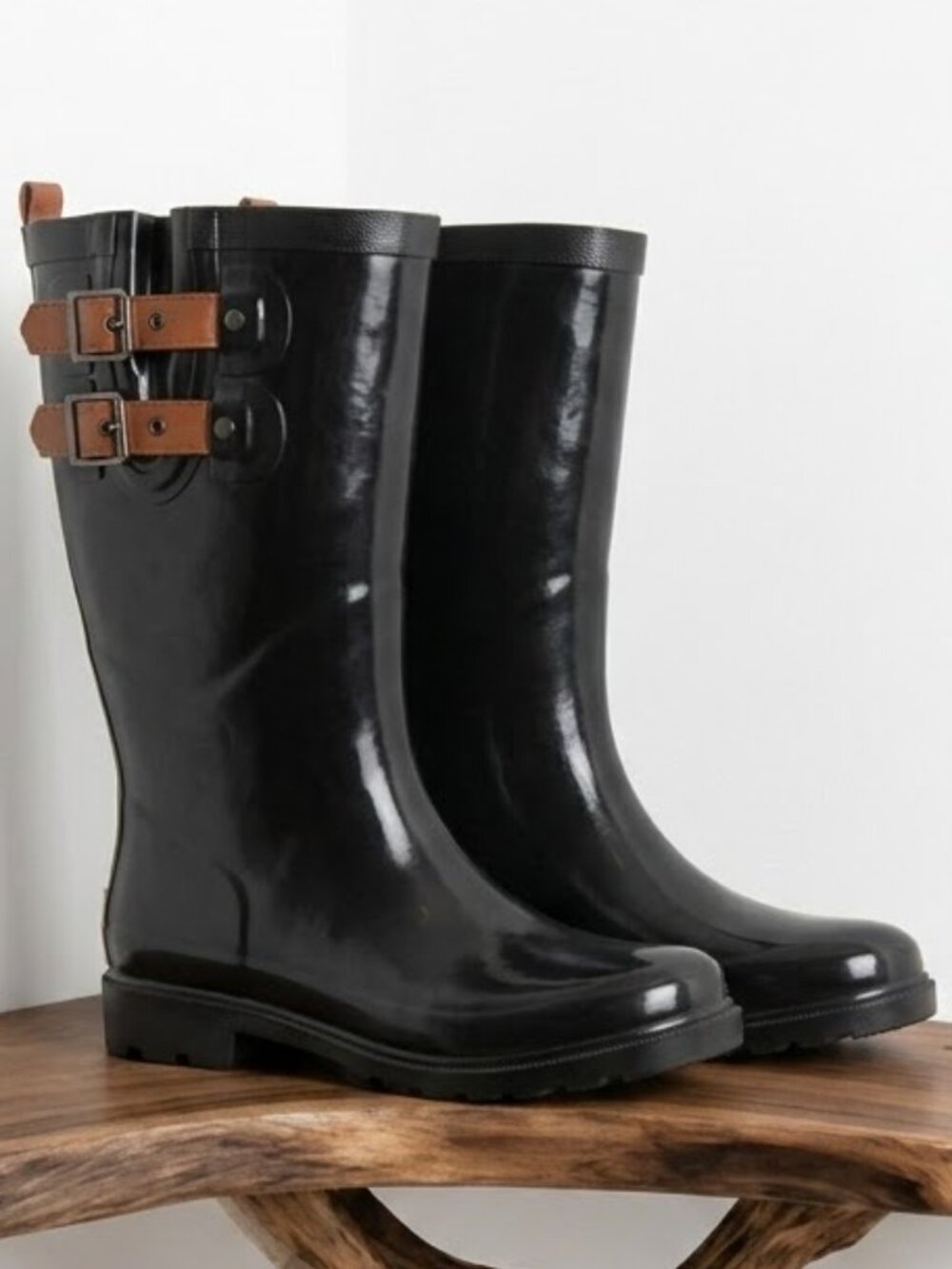 Chooka Rain Boots Mid-Calf Black‎ Double Brown Straps Women's Size 5 Wellies ☔
